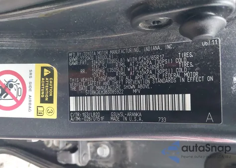 2011 Toyota Highlander Se V6 из США, поврежденный, VIN 5TDBK3EH3BS085922